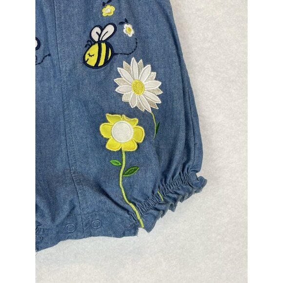 Baby Essentials 12M Blue Denim Romper Embroidered Bees Flowers Ruffle Straps - Picture 2 of 5